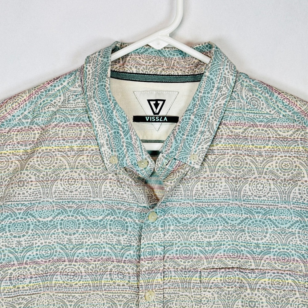 Vissla Mens Short Sleeve Shirt Geometric Stripe Multicolor Large Button Down